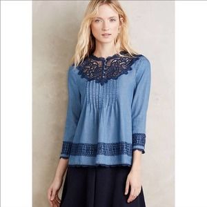 Anthropologie Holding Horses Chambray Lace Peasant Top 4